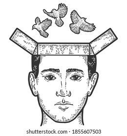 Thoughts fly out of the man head like birds from box. Engraving vector illustration.