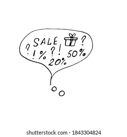 Thoughts in the form of a ball. Shopping thoughts. Thoughts about a sale, 50%, 20% discounts, gifts, questions, exclamations. Doodle style. Vector