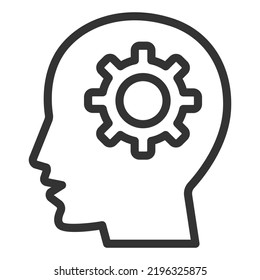 Thoughts, a gear in a person's head - icon, illustration on white background, outline style
