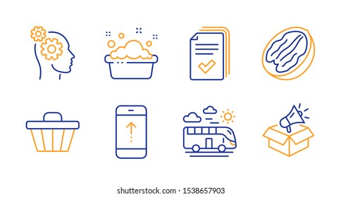 Thoughts, Hand washing and Bus travel line icons set. Pecan nut, Swipe up and Handout signs. Shop cart, Megaphone box symbols. Business work, Laundry basin. Business set. Line thoughts icon. Vector