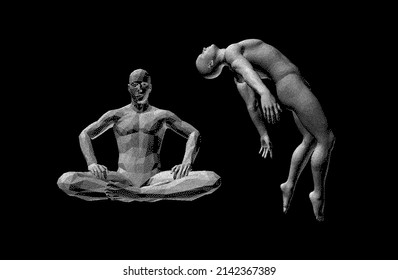 Thoughts have power. Man sits in lotos posture. Time for yoga or meditation. Levitation act. 3D vector illustration with metaphorical relationship to mind, mental powers and mystic consciousness.