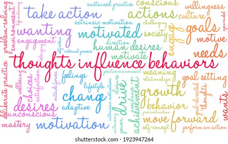Thoughts Influence Behaviors word cloud on a white background. 
