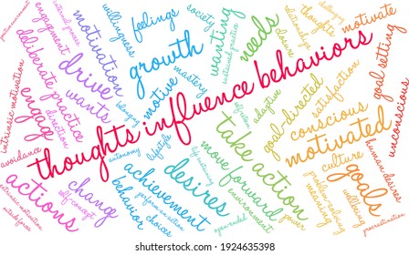 Thoughts Influence Behaviors word cloud on a white background. 