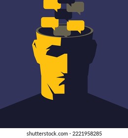Thoughts. Male open head with speech bubbles inside. Clipping mask used.