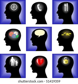 Thoughts of the man and black silhouette of a head