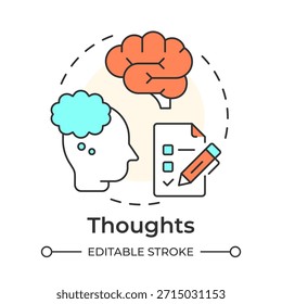 Icono de concepto de varios colores de pensamientos. Evaluación mental, pruebas cognitivas. Autoevaluación. Ilustración de línea de forma redonda. Abstractas idea. Diseño gráfico. Fácil de usar en el poste del blog, folleto