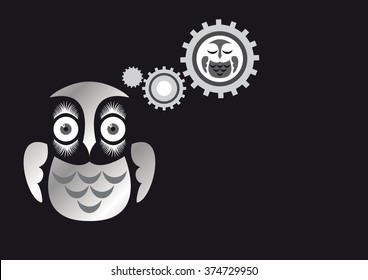 Thoughts on sleep. Dream vector illustration. Waiting for sleep. Background with owl. Illustration owl. Black background with owl. Steam punk background. Dreamy background. Illustration dream