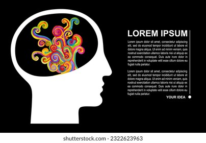 Thoughts and options, business thinking - poster template, page, booklet. vector illustration of a head with colored curls.