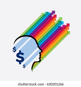 Thoughts and options illustration of head with arrows