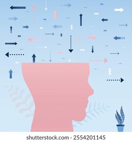 Thoughts and options. Various arrows in head, decisions, uncertainty. Choice, option or opportunity, challenge to select career path, decide business direction, thinking for solution or doubt concept.