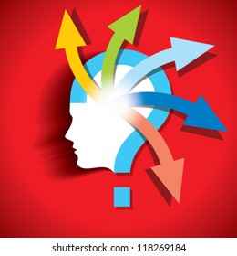 Thoughts and options. vector illustration of head with arrows