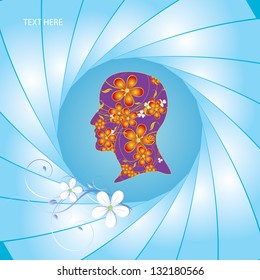 Thoughts and options. vector illustration of head with spring flowers