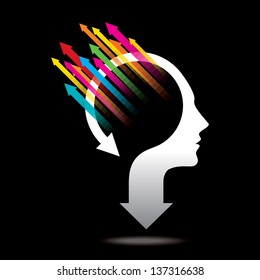 Thoughts and options. vector illustration of head with arrows