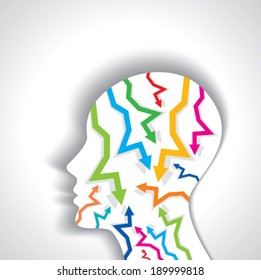 Thoughts and options. vector illustration of head with arrows