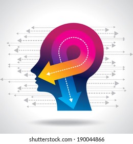 Thoughts and options. vector illustration of head with arrows