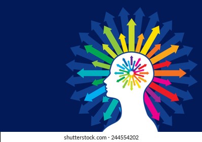 Thoughts and options. vector illustration of head with arrows