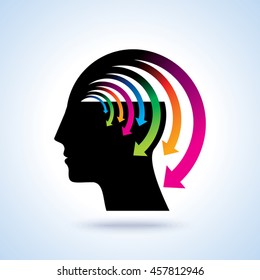 Thoughts and options. vector illustration of head with arrows