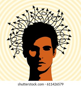 Thoughts and options. vector illustration of head with arrows