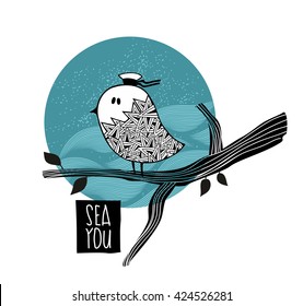 Thoughts of the sea. Vector illustration with cute bird.