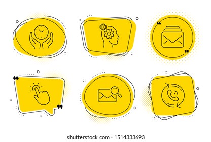 Thoughts, Search mail and Call center signs. Chat bubbles. Safe time, Mail and Touchpoint line icons set. Hold clock, New messages, Touch technology. Business work. Technology set. Vector