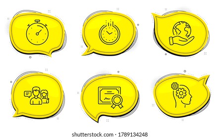 Thoughts sign. Diploma certificate, save planet chat bubbles. Timer, People talking and Time line icons set. Deadline management, Contact service, Clock. Business work. Technology set. Vector