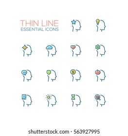 Thoughts Signs in Heads - modern vector simple thin line design icons and pictograms set with accent color. Head with star, bulb, cloud, heart, cog, speech bubble. Material design concept symbols