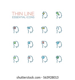 Thoughts Signs in Heads - modern vector simple thin line design icons and pictograms set with accent color. Head with flashlight, key, play button, quotes, crown. Material design concept symbols