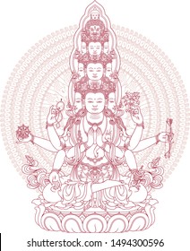 Thousand hands Indian god Guanyin outline vector illustration