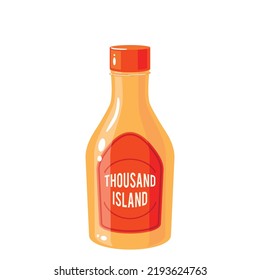 Thousand Island Dressing Bottle, American Traditional Sauce. Vector Illustration Cartoon Icon Isolated On White Background.