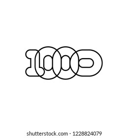 Thousand, mono line. Vector sign linear number, black overlapping thin lines isolated on white background. Four rounded figures. Text composition design concept. Creative outline symbol. 1000th year.