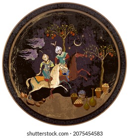 Thousand and One Nights concept. Persian frescoes. Medieval miniature. Mughal art. Ottoman Empire book miniature. Fairy tales and legends of the Middle East. Ancient civilization murals 