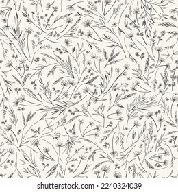 Thousand wild grass seamless pattern. Black and White. Vector  illustration. Botanical background for wallpaper. Reeds, pampas grass, dried grass. Sketch. 