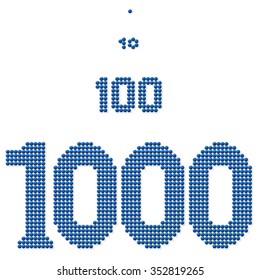 THOUSAND,HUNDRED,TEN and ONE - consisting of exactly thousand, hundred, ten and one dot - for pictorial representation of a great number of units or individuals. Isolated vector on white background.