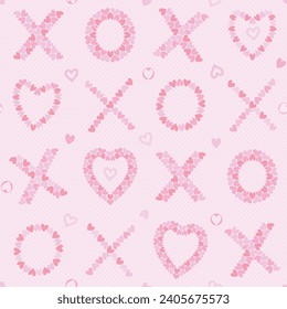 Thousands of cute pink to red hearts, circles, xoxo for Valentine's Day. Vector illustration. Surface pattern design, perfect for textiles, wallpaper, office supplies, packaging design, home and