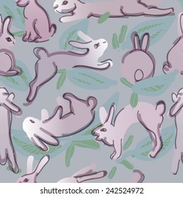 Thousands of fairytale rabbits / Cute wallpaper with bunnies in cabbage leafs  