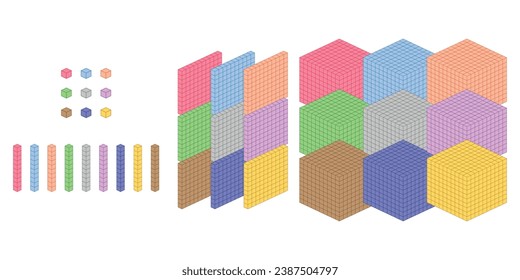 Tausende, Hunderte, Zehn und eins. Lernen Sie über Basis-zehn Blöcke. Blocktyp. Flats sehnt sich nach Plätzen in Mathematik. Wissenschaftliche Ressourcen für Lehrer und Studenten. Vektorgrafik.