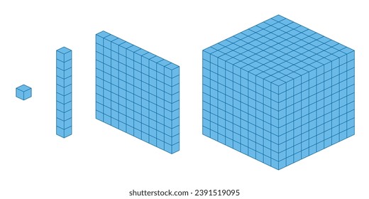 Tausende, Hunderte, Zehn und eins. Lernen Sie über Basis-zehn Blöcke. Blocktyp. Flats sehnt sich nach Plätzen in Mathematik. Wissenschaftliche Ressourcen für Lehrer und Studenten. Vektorgrafik.