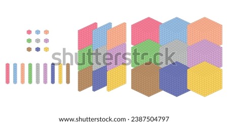 Thousands, hundreds, tens and ones. Learning about base ten blocks. Block type. Flats longs squares in mathematics. Scientific resources for teachers and students. Vector illustration.