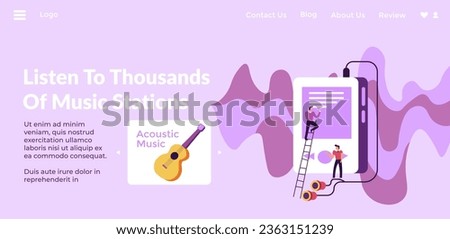 Thousands of music stations, listen for compositions online. Best songs, channels for subscription, acoustic guitar and orchestra. Website landing page template, internet site. Vector in flat style
