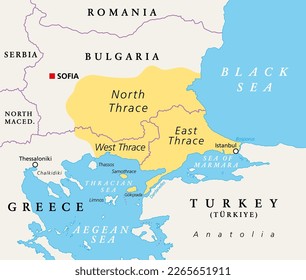 Thrace, geographical and historical region in Southeast Europe, political map. Modern boundaries of Thrace, split among Bulgaria, Greece and Turkey, bounded by Balkan Mountains, Aegean and Black Sea.