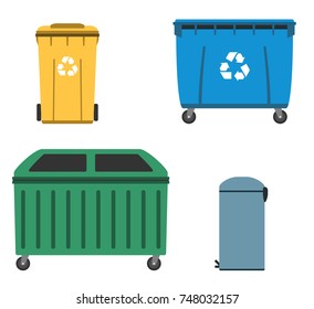Thrash and recycling can. Garbage container set. Wheeled dumpster. Vector illustration.