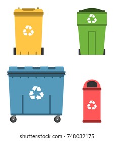 Thrash and recycling can. Garbage container set. Wheeled dumpster. Vector illustration.