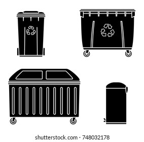 Thrash and recycling can. Garbage container set. Wheeled dumpster. Vector illustration.