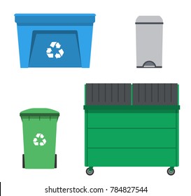Thrash and recycling can. Garbage rubbish trash container set. Wheeled dumpster. Vector illustration.