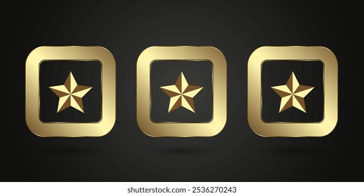 Tres estrellas de oro emblema encerrado en un marco cuadrado redondeado, que le da un aspecto lujoso y premium. conjunto de tres Botones de lujo y estrella Premium