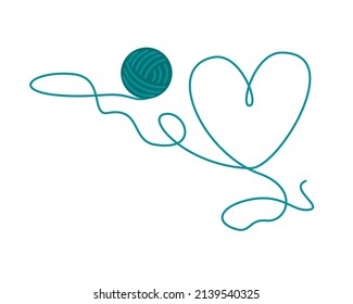 The thread from the ball of yarn unwound and laid out in the shape of a heart. Vector flat illustration, isolated, cartoon, clipart. 