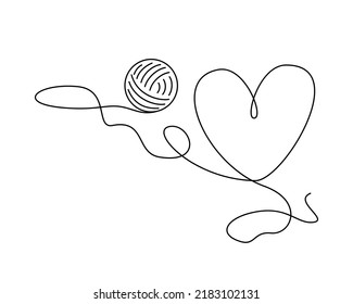 The Thread From the Ball of Yarn Unwound and Laid Out in the Shape of a Heart in Doodle Style. Vector Line Art, Isolated, Cartoon, Clipart. 