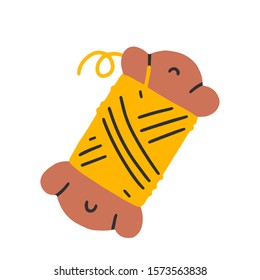 Thread bobbin, cardboard spool with floss,  doodle clip art, holder for sewing pins. Hand drawn illustration. Craft drawn isolated element. Vector clipart, good as icon or logotype