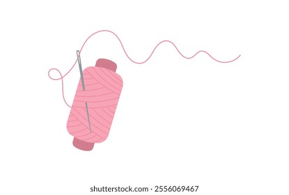 Thread bobbin and needle icon, doodle sewing craft supplies element, flat dressmaking accessories design, vector fashion tool object, cartoon embroidery decoration illustration,