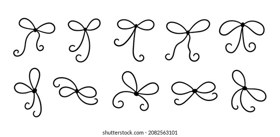 Thread bows with knots. Decorative thin ribbons set. Hand drawn vector illustration isolated in doodle style on white background.